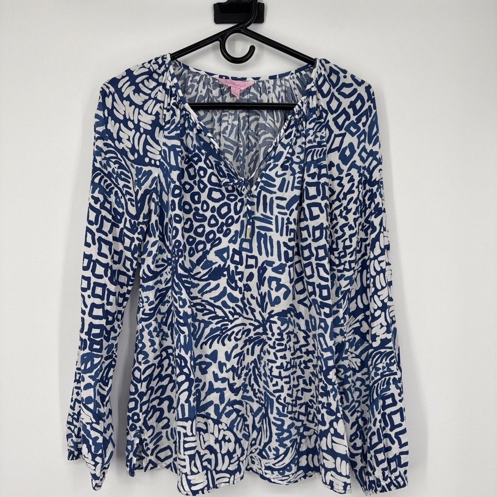 Lilly Pulitzer Willa Tropical V-Neck Tunic Blouse Blue Vacation Resortwear Small